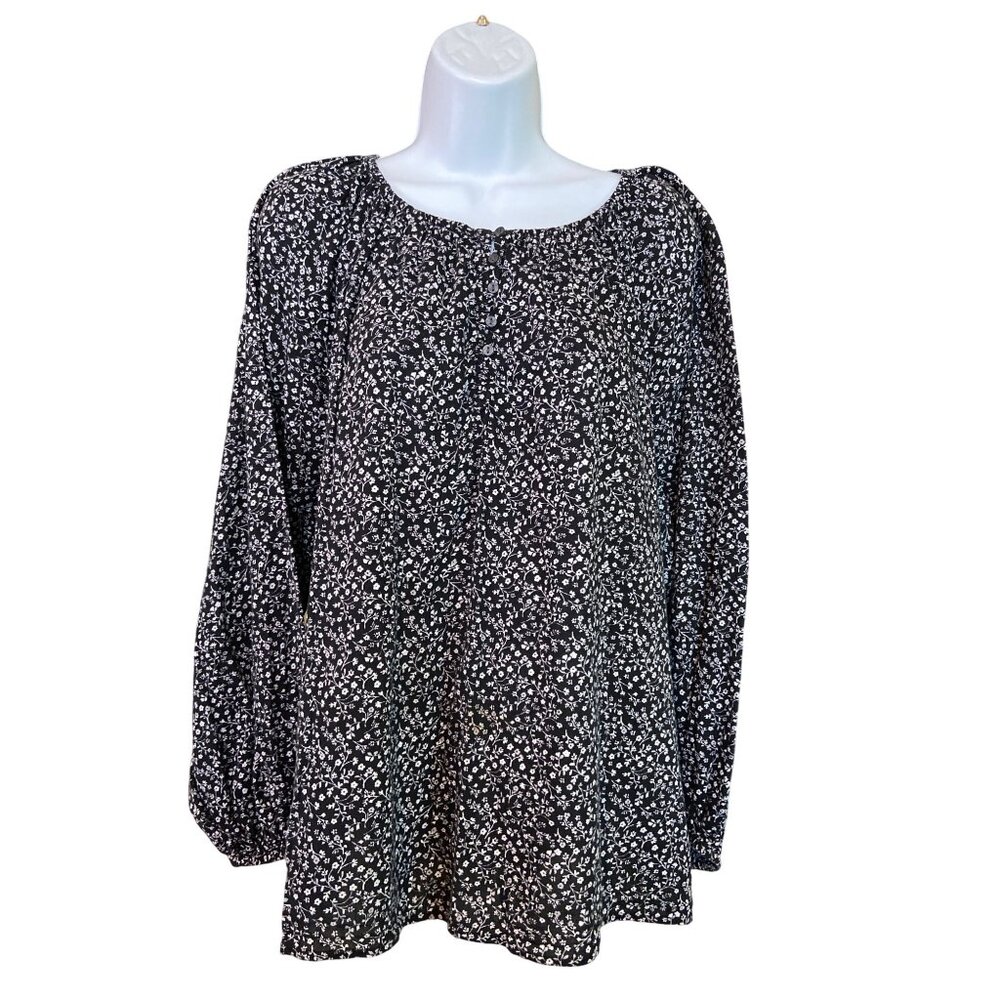 Old Navy XL Womens Floral Blouse Black White Rayon Long Sleeve Boho Cottagecore